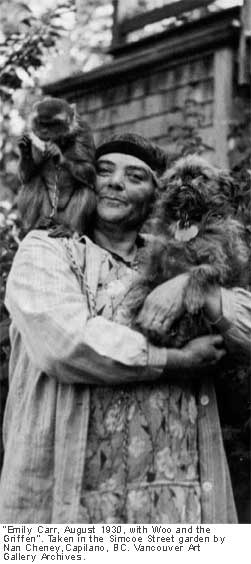 “Emily Carr, August 1930, with Woo and the  Griffen" by Nan Cheney.